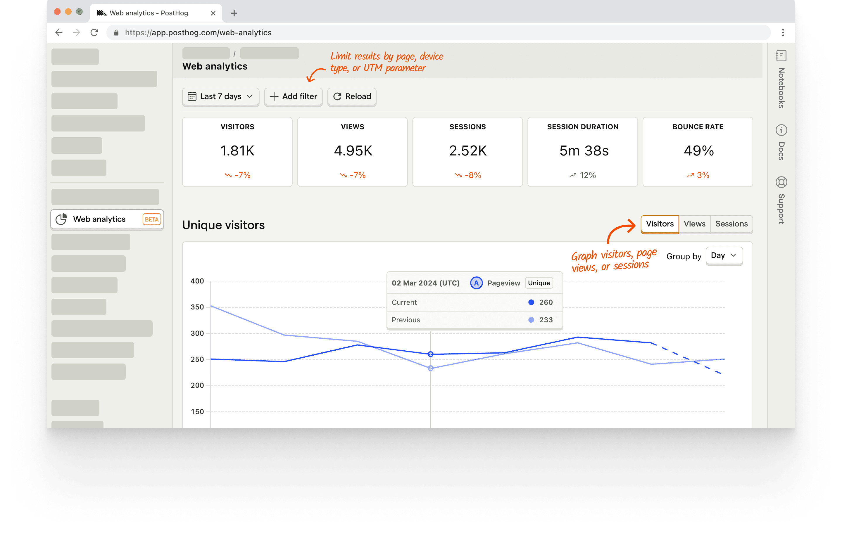 Screenshot of web analytics in PostHog